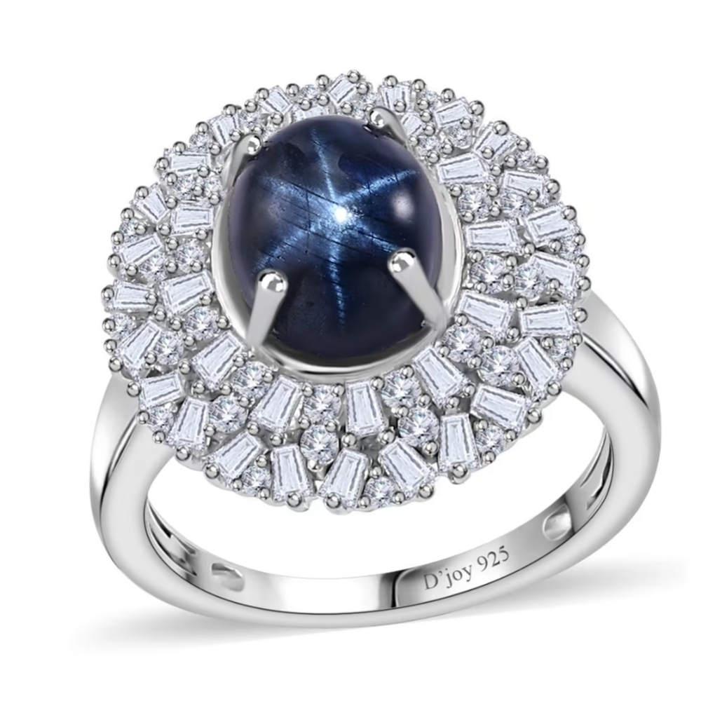 Genuine Blue Star Sapphire & Moissanite Ring Platinum Over Sterling Silver Sz 7! - Picture 3 of 11